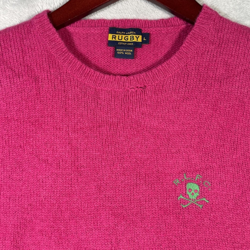 Ralph Lauren Rugby Sweater Womens Large Pink Wool Crewneck RLFC Skull Pullover